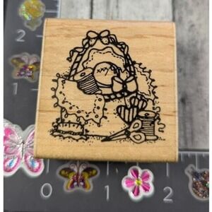 Dots Sewing Basket Homemade Love G188 Rubber Stamp Wood #D17